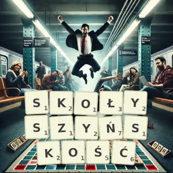 Kreatywna ilustracja do gry w Scrabble ze słowem SKOŁYSZYŃSKOŚĆ ułożonym z płytek na planszy.