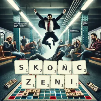 Kreatywna ilustracja do gry w Scrabble ze słowem SKOŃCZENI ułożonym z płytek na planszy.