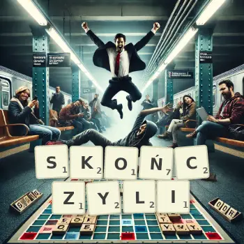 Kreatywna ilustracja do gry w Scrabble ze słowem SKOŃCZYLI ułożonym z płytek na planszy.