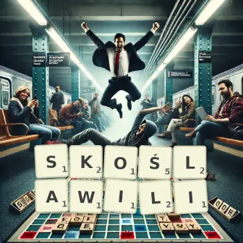 Kreatywna ilustracja do gry w Scrabble ze słowem SKOŚLAWILI ułożonym z płytek na planszy.