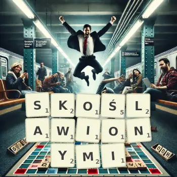 Kreatywna ilustracja do gry w Scrabble ze słowem SKOŚLAWIONYMI ułożonym z płytek na planszy.
