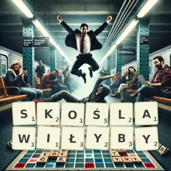 Kreatywna ilustracja do gry w Scrabble ze słowem SKOŚLAWIŁYBY ułożonym z płytek na planszy.
