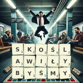 Kreatywna ilustracja do gry w Scrabble ze słowem SKOŚLAWIŁYBYŚMY ułożonym z płytek na planszy.