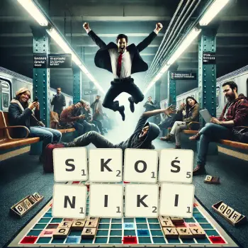 Kreatywna ilustracja do gry w Scrabble ze słowem SKOŚNIKI ułożonym z płytek na planszy.