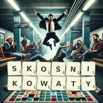 Kreatywna ilustracja do gry w Scrabble ze słowem SKOŚNIKOWATY ułożonym z płytek na planszy.