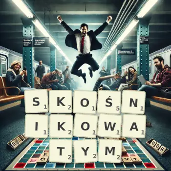 Kreatywna ilustracja do gry w Scrabble ze słowem SKOŚNIKOWATYM ułożonym z płytek na planszy.