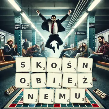 Kreatywna ilustracja do gry w Scrabble ze słowem SKOŚNOBIEŻNEMU ułożonym z płytek na planszy.