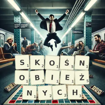 Kreatywna ilustracja do gry w Scrabble ze słowem SKOŚNOBIEŻNYCH ułożonym z płytek na planszy.