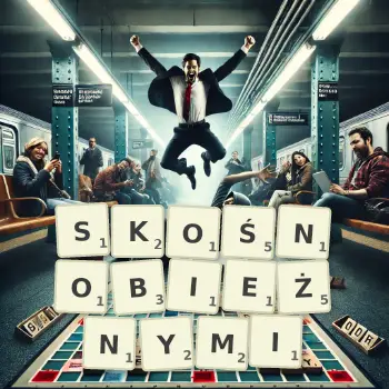 Kreatywna ilustracja do gry w Scrabble ze słowem SKOŚNOBIEŻNYMI ułożonym z płytek na planszy.