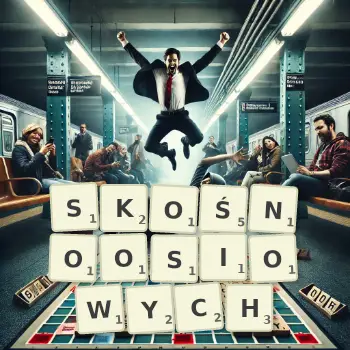 Kreatywna ilustracja do gry w Scrabble ze słowem SKOŚNOOSIOWYCH ułożonym z płytek na planszy.