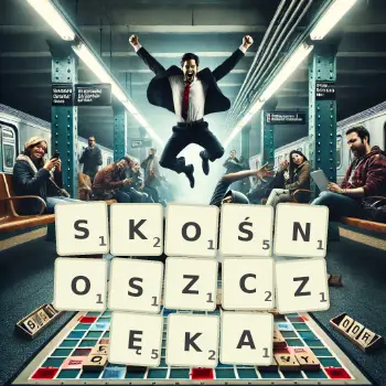 Kreatywna ilustracja do gry w Scrabble ze słowem SKOŚNOSZCZĘKA ułożonym z płytek na planszy.