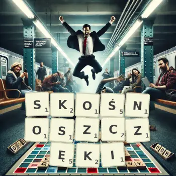 Kreatywna ilustracja do gry w Scrabble ze słowem SKOŚNOSZCZĘKI ułożonym z płytek na planszy.