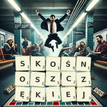 Kreatywna ilustracja do gry w Scrabble ze słowem SKOŚNOSZCZĘKIEJ ułożonym z płytek na planszy.