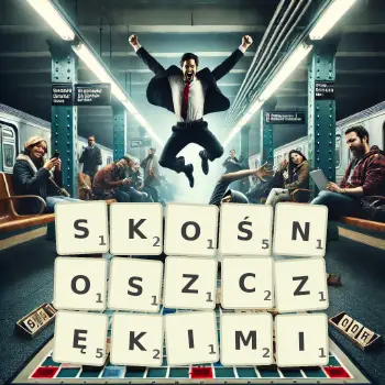 Kreatywna ilustracja do gry w Scrabble ze słowem SKOŚNOSZCZĘKIMI ułożonym z płytek na planszy.