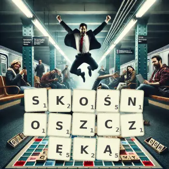 Kreatywna ilustracja do gry w Scrabble ze słowem SKOŚNOSZCZĘKĄ ułożonym z płytek na planszy.