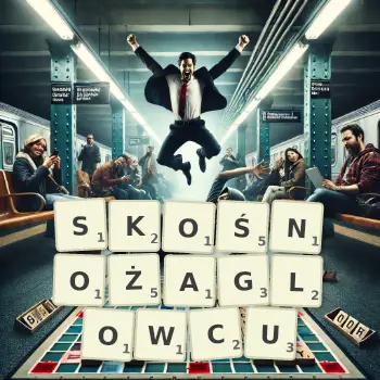 Kreatywna ilustracja do gry w Scrabble ze słowem SKOŚNOŻAGLOWCU ułożonym z płytek na planszy.
