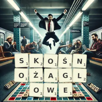 Kreatywna ilustracja do gry w Scrabble ze słowem SKOŚNOŻAGLOWE ułożonym z płytek na planszy.