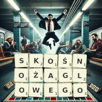 Kreatywna ilustracja do gry w Scrabble ze słowem SKOŚNOŻAGLOWEGO ułożonym z płytek na planszy.