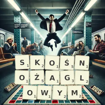 Kreatywna ilustracja do gry w Scrabble ze słowem SKOŚNOŻAGLOWYM ułożonym z płytek na planszy.