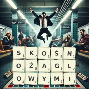 Kreatywna ilustracja do gry w Scrabble ze słowem SKOŚNOŻAGLOWYMI ułożonym z płytek na planszy.