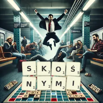 Kreatywna ilustracja do gry w Scrabble ze słowem SKOŚNYMI ułożonym z płytek na planszy.