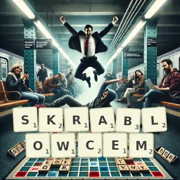 Kreatywna ilustracja do gry w Scrabble ze słowem SKRABLOWCEM ułożonym z płytek na planszy.
