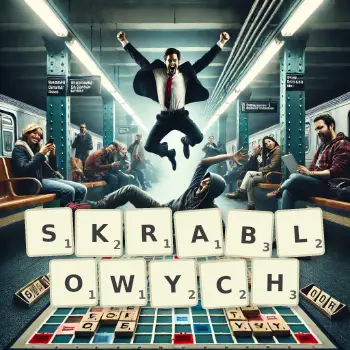 Kreatywna ilustracja do gry w Scrabble ze słowem SKRABLOWYCH ułożonym z płytek na planszy.