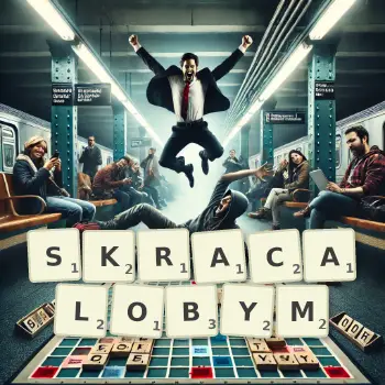Kreatywna ilustracja do gry w Scrabble ze słowem SKRACALOBYM ułożonym z płytek na planszy.