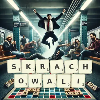Kreatywna ilustracja do gry w Scrabble ze słowem SKRACHOWALI ułożonym z płytek na planszy.