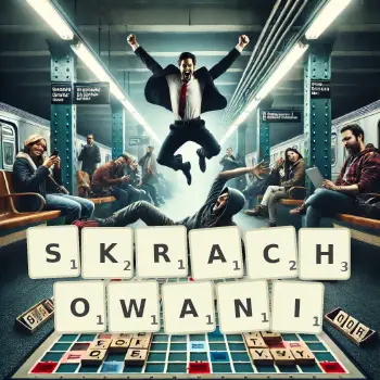 Kreatywna ilustracja do gry w Scrabble ze słowem SKRACHOWANI ułożonym z płytek na planszy.