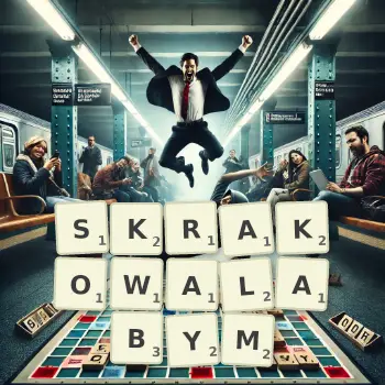 Kreatywna ilustracja do gry w Scrabble ze słowem SKRAKOWALABYM ułożonym z płytek na planszy.