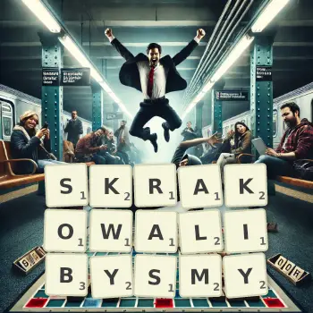 Kreatywna ilustracja do gry w Scrabble ze słowem SKRAKOWALIBYSMY ułożonym z płytek na planszy.