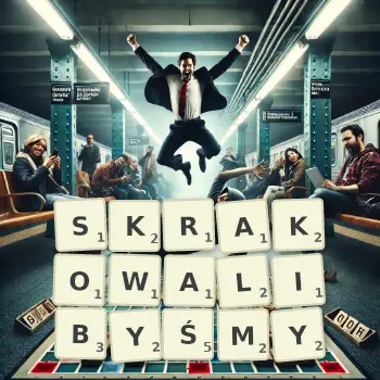 Kreatywna ilustracja do gry w Scrabble ze słowem SKRAKOWALIBYŚMY ułożonym z płytek na planszy.