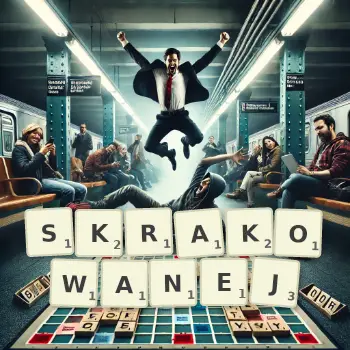 Kreatywna ilustracja do gry w Scrabble ze słowem SKRAKOWANEJ ułożonym z płytek na planszy.