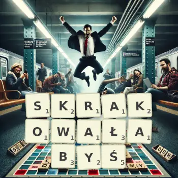 Kreatywna ilustracja do gry w Scrabble ze słowem SKRAKOWAŁABYŚ ułożonym z płytek na planszy.