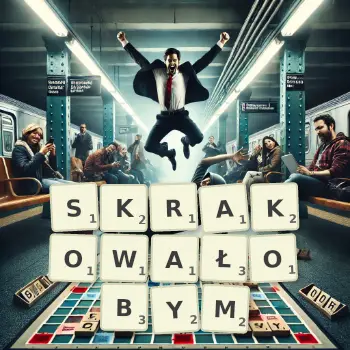 Kreatywna ilustracja do gry w Scrabble ze słowem SKRAKOWAŁOBYM ułożonym z płytek na planszy.