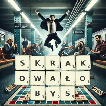 Kreatywna ilustracja do gry w Scrabble ze słowem SKRAKOWAŁOBYŚ ułożonym z płytek na planszy.