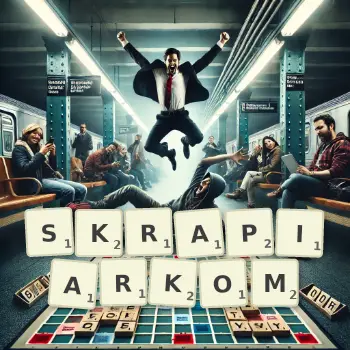 Kreatywna ilustracja do gry w Scrabble ze słowem SKRAPIARKOM ułożonym z płytek na planszy.