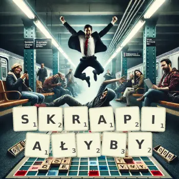 Kreatywna ilustracja do gry w Scrabble ze słowem SKRAPIAŁYBY ułożonym z płytek na planszy.