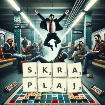 Kreatywna ilustracja do gry w Scrabble ze słowem SKRAPLAJ ułożonym z płytek na planszy.