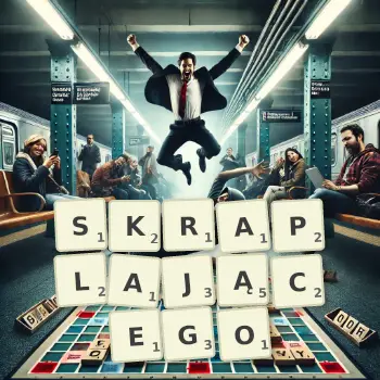 Kreatywna ilustracja do gry w Scrabble ze słowem SKRAPLAJĄCEGO ułożonym z płytek na planszy.