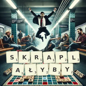 Kreatywna ilustracja do gry w Scrabble ze słowem SKRAPLAŁYBY ułożonym z płytek na planszy.
