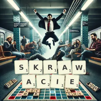 Kreatywna ilustracja do gry w Scrabble ze słowem SKRAWACIE ułożonym z płytek na planszy.