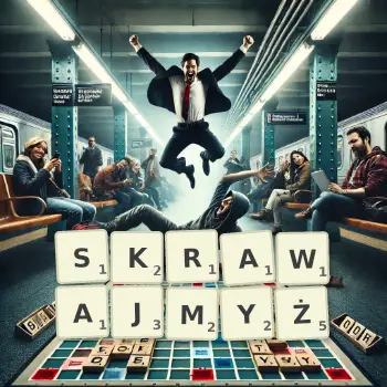 Kreatywna ilustracja do gry w Scrabble ze słowem SKRAWAJMYŻ ułożonym z płytek na planszy.