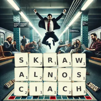 Kreatywna ilustracja do gry w Scrabble ze słowem SKRAWALNOSCIACH ułożonym z płytek na planszy.