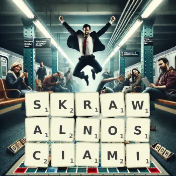 Kreatywna ilustracja do gry w Scrabble ze słowem SKRAWALNOSCIAMI ułożonym z płytek na planszy.