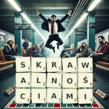 Kreatywna ilustracja do gry w Scrabble ze słowem SKRAWALNOŚCIAMI ułożonym z płytek na planszy.