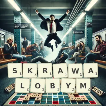 Kreatywna ilustracja do gry w Scrabble ze słowem SKRAWALOBYM ułożonym z płytek na planszy.
