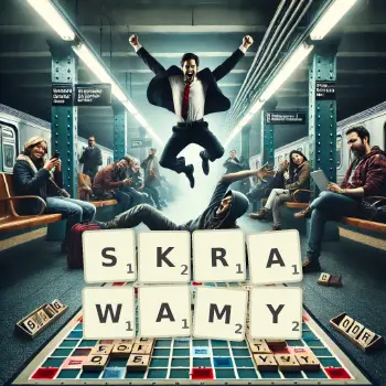 Kreatywna ilustracja do gry w Scrabble ze słowem SKRAWAMY ułożonym z płytek na planszy.