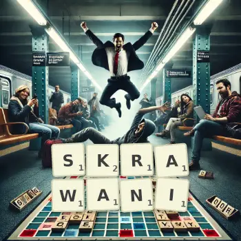 Kreatywna ilustracja do gry w Scrabble ze słowem SKRAWANI ułożonym z płytek na planszy.